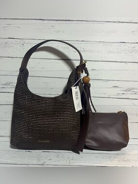 NWT Steve Madden Chocolate Brown Raffia Woven Hobo Bag Tassel & Cosmetic Pouch